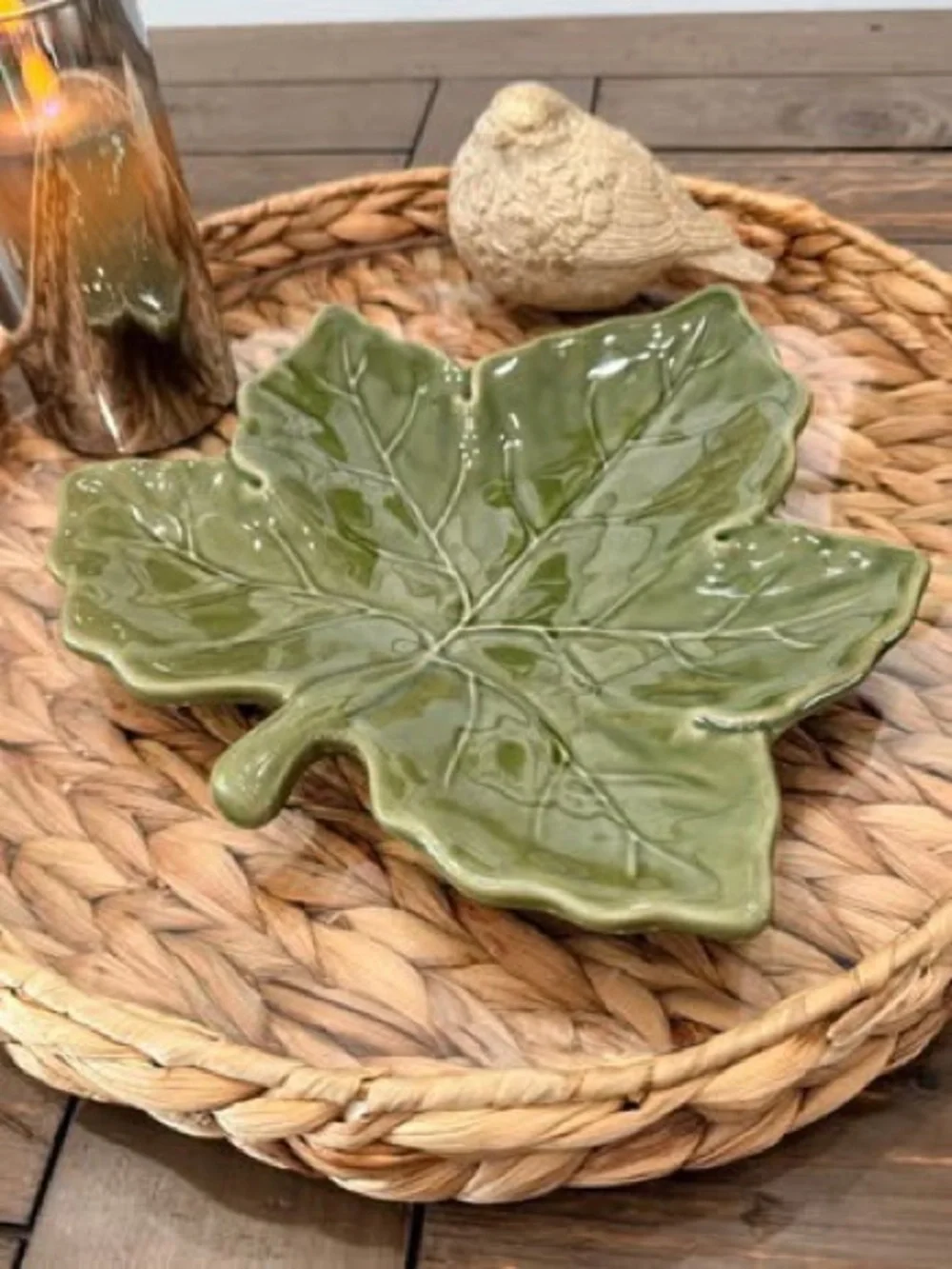 Pottery Barn Harvest Leaf Plate Green 10” Ceramic Fall Thanksgiving Serving Dish